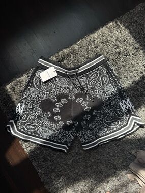 NWT AMIRI Black & White Bandana Paisley Knit Athletic Luxury Shorts